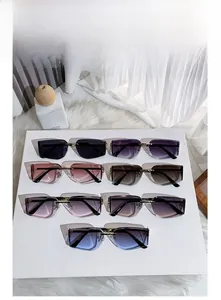 Detail showing multi-color frameless square sunglasses with gradient resin lenses