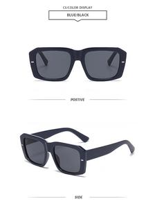 Front and side view of square navy blue sunglasses with gray UV protection lenses