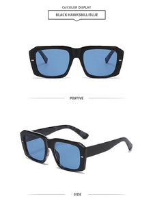 Front and side views of vintage square black and tortoiseshell sunglasses with blue lenses