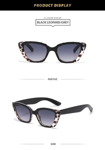 Détail des lunettes de soleil léopard noir avec verres dégradés gris et vue latérale