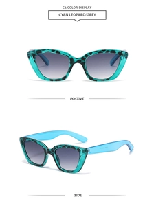 Détails des lunettes de soleil œil de chat à motif léopard cyan et verres dégradés