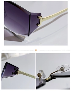 Macro detail of rimless purple gradient lenses with gold hinges and silicone nose pads