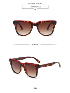 Detailansicht der quadratischen Sonnenbrille mit Leopardenmuster und Teefarbverlauf