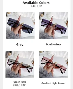 Detail view of four rimless rectangular sunglasses in grey, green pink and brown gradients