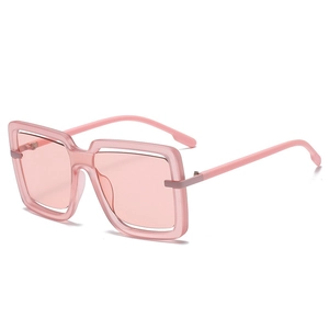 Retro oversized square pink sunglasses with hollow frames and transparent jelly finish