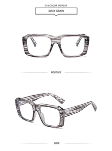 Detail view of retro square gray grain eyewear frame with sturdy wide temples and hinges