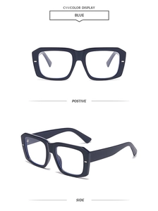 Detailed front and side view of oversized square deep blue acetate eyewear frames
