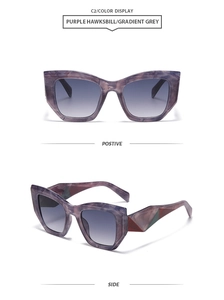 Détail de lunettes de soleil œil-de-chat avec monture écaille violette et branches géométriques