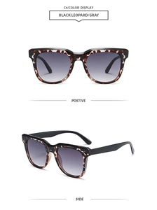 Front- und Seitenansicht der schwarzen Leoparden-Sonnenbrille mit grauen Gläsern