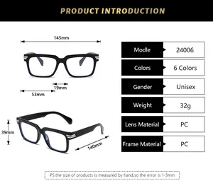 Detailed size specifications for square frame fashion glasses with PC frame and lens