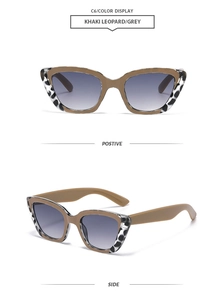 Détails de lunettes œil-de-chat léopard kaki avec verres gris, vues de face et côté
