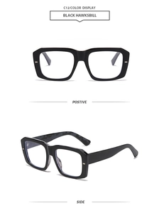 Detailed views of black oversized square sunglasses with silver metal rivet accents