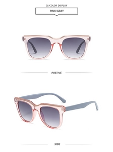 Detail der quadratischen Sonnenbrille in Pink und Grau mit Front- und Seitenansicht C5