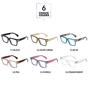 Flat lay of retro square glasses frames in six assorted colors with gold metal temple details