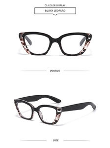 Vue détaillée des lunettes œil de chat noir et léopard montrant l'avant et le côté
