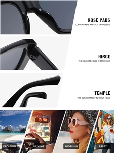 Detail view of square oversized sunglasses with reinforced hinges and integrated nose pads