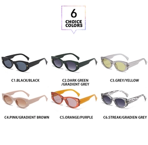 Showcase of six modern retro sunglasses in black, green, pink, and zebra patterns