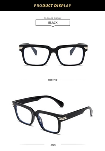 Detail view of black square frames with silver metal hinges and blue light coating