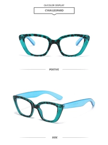 Détails de lunettes œil de chat léopard cyan avec branches bleu translucide