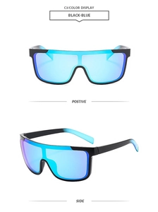 Vue détaillée de face et de profil de lunettes de soleil à verres miroirs bleus