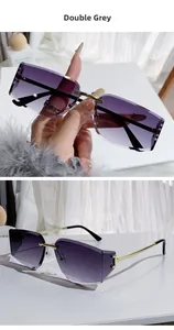 Detailed close-up of rimless square sunglasses with purple gradient lenses and gold frames
