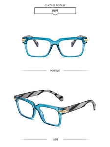 Detail view of blue square glasses frames showing front and side profile perspectives
