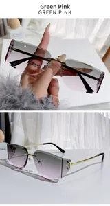 Detail of rimless sunglasses with green and pink gradient lenses and gold metal temples