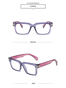 Detailed side and front view of purple square glasses with silver hinge accents