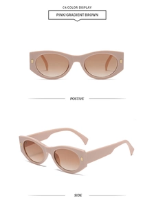 Detailed front and side views of pink cat-eye sunglasses with gradient brown lenses