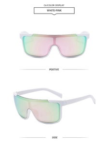 Détail de lunettes de soleil blanches demi-cerclées avec verres dégradés rose et vert