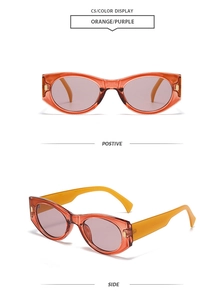 Detailed side and front view of orange translucent cat-eye sunglasses with purple lenses
