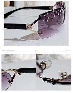 Close-up of diamond-encrusted rimless purple gradient lens and gold metal hinge
