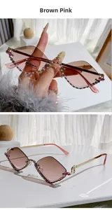 Close-up of semi-rimless sunglasses with pink rhinestones and white pearls on lens