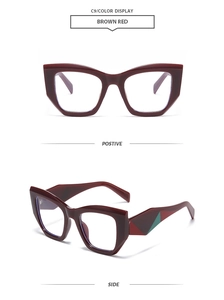 Vue détaillée face et profil de lunettes œil-de-chat tendance en rouge brun bicolore