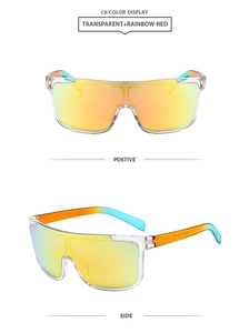 Détail de lunettes de soleil demi-monture oversize avec verres dégradés arc-en-ciel et branches