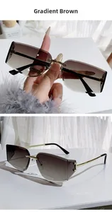 Detail of gradient brown rimless square sunglasses with metallic temples and hinges