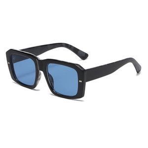 Modern retro oversized square sunglasses with black frame and light blue lenses