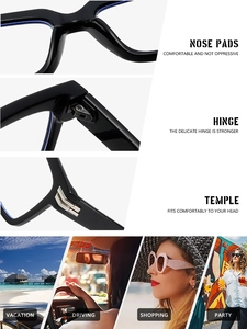 Detail view of square frame glasses showing ergonomic nose pads and sturdy metal hinges