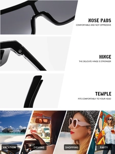 Détails des plaquettes nasales ergonomiques et charnières de lunettes de soleil tendance