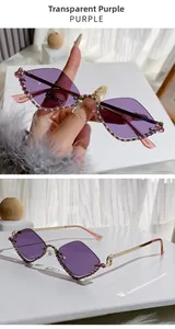 Detail of purple rimless sunglasses featuring crystal rhinestones and pearl embellishments