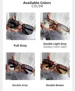 Detailed views of rimless rhinestone sunglasses in grey and tawny color variations
