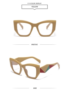Vues de face et de côté de lunettes œil de chat jaunes avec branches tricolores