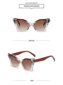 Detailed front and side view of brown demi cat-eye sunglasses with gradient lenses