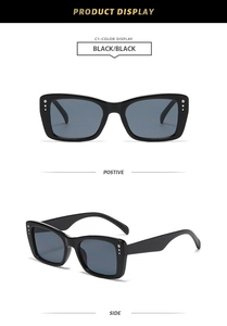 Close-up of square black sunglasses with three vertical side crystals from two angles