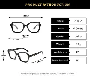 Detailed size chart for retro oversized anti-blue light glasses showing PC frame dimensions