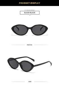 Detailed views of retro oval cat-eye sunglasses with black frames and dark lenses