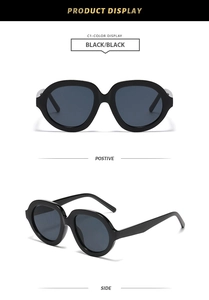 Front and side views of vintage large frame black sunglasses with high gloss finish