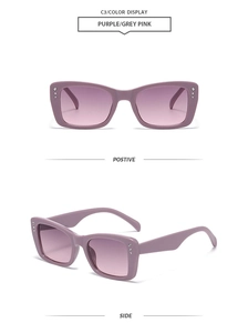 Detail of square purple grey pink sunglasses with rhinestone accents and gradient lenses