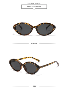 Detail view of oval tortoiseshell sunglasses with dark lenses from front and side angles