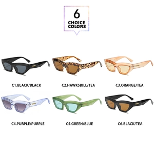 Six colors of retro cat-eye sunglasses with wide frames and gold metal temple accents